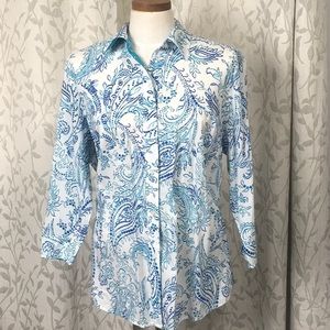 Jones New York 100% Cotton Button-Front top. Blue Paisley. Size 1X